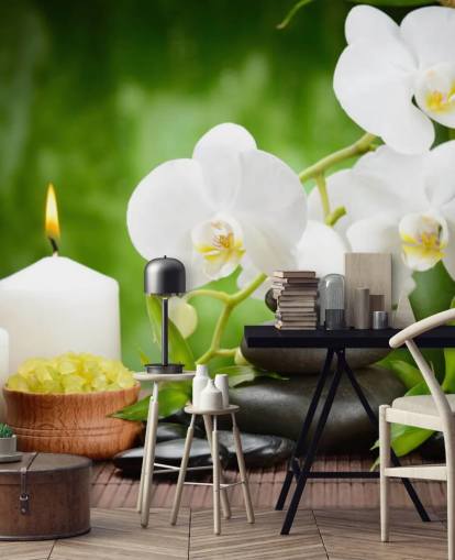 White Orchids with Pebbles and Candles Mural