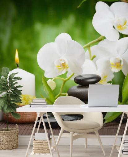 Hvite orkideer med småstein og stearinlys Mural