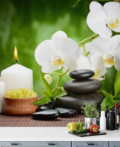 Papier Peint Fresque Orchidées Blanches avec Galets et Bougies