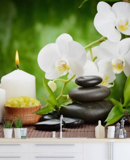 White Orchids with Pebbles and Candles Mural