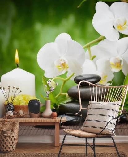 Mural Orquídeas blancas con guijarros y velas Mural Orquídeas blancas con guijarros y velas