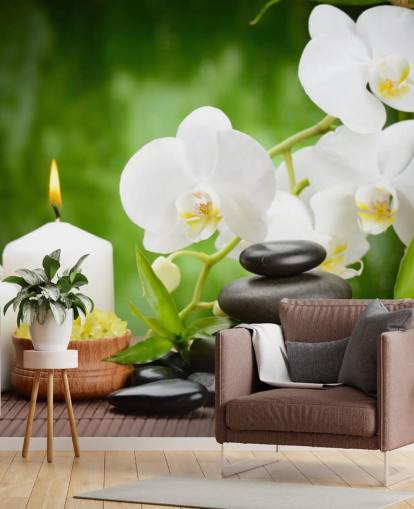 White Orchids with Pebbles and Candles Mural White Orchids with Pebbles and Candles Mural