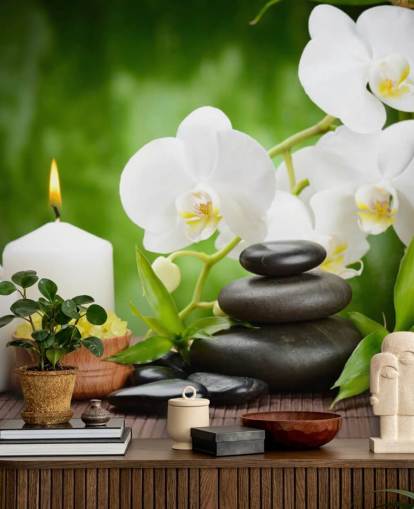 Mural Orquídeas blancas con guijarros y velas