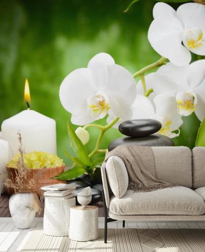 Mural Orquídeas blancas con guijarros y velas