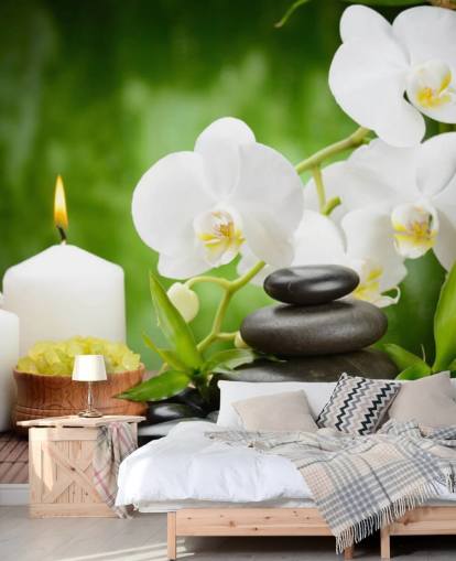 White Orchids with Pebbles and Candles Mural White Orchids with Pebbles and Candles Mural