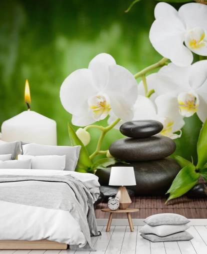 White Orchids with Pebbles and Candles Mural