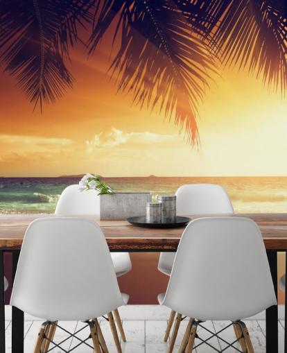 Orange Sunset Sky op tropisch strand behang Orange Sunset Sky op tropisch strand behang