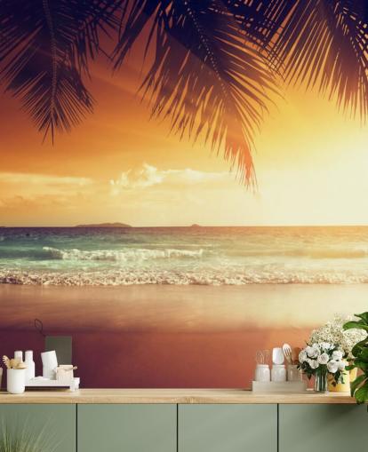 Orange Sunset Sky op tropisch strand behang
