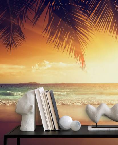Fondo de pantalla de cielo naranja atardecer en playa tropical