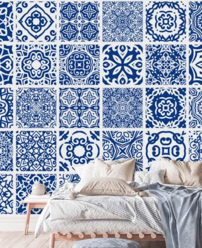 Blue and White Patterned Tile Effect Wallpaper