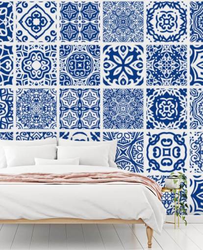 Carta da parati effetto piastrelle blu e bianche