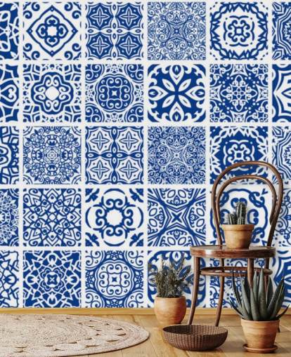 Blue and White Patterned Tile Effect Wallpaper