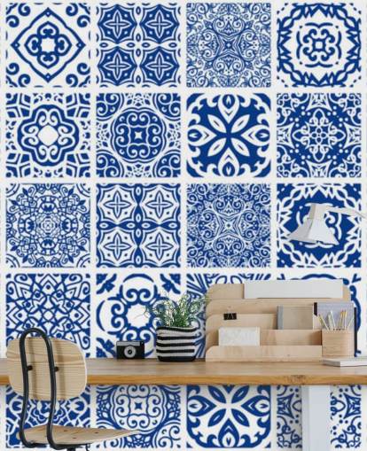 Papel pintado efecto azulejo azul y blanco Papel pintado efecto azulejo azul y blanco