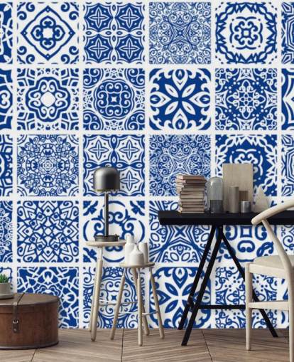 Blue and White Patterned Tile Effect Wallpaper