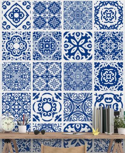 Papel pintado efecto azulejo azul y blanco Papel pintado efecto azulejo azul y blanco
