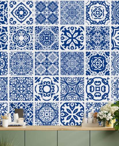 Blue and White Patterned Tile Effect Wallpaper