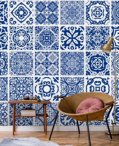 Papel pintado efecto azulejo azul y blanco Papel pintado efecto azulejo azul y blanco