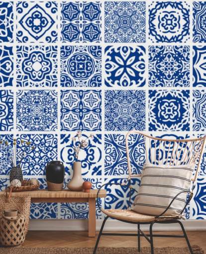 Blauw en wit patroon tegeleffect behang