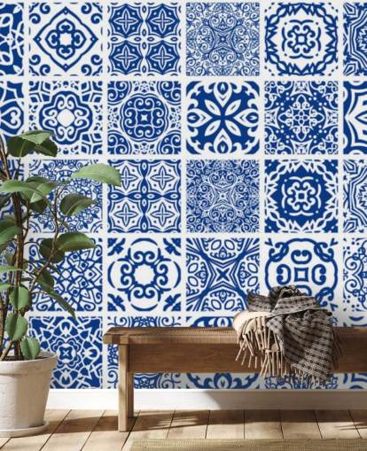 Blue and White Patterned Tile Effect Wallpaper