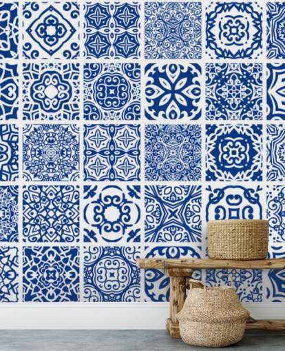 Blue and White Patterned Tile Effect Wallpaper