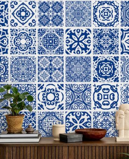 Blue and White Patterned Tile Effect Wallpaper Blue and White Patterned Tile Effect Wallpaper