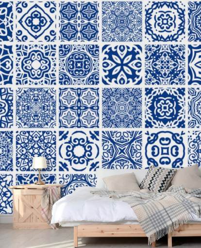 Papier peint effet carreau à motifs bleus et blancs Papier peint effet carreau à motifs bleus et blancs