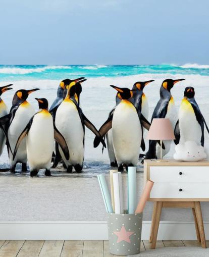 bright customisable penguin wallpaper called Kings of the Beach for children's bedrooms and offices