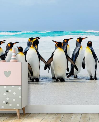 bright customisable penguin wallpaper called Kings of the Beach for children's bedrooms and offices