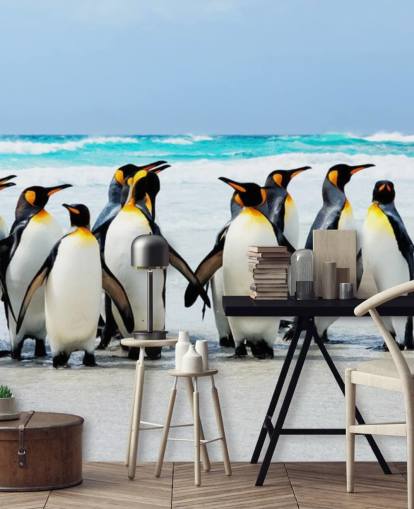 bright customizable penguin wallpaper called Kings of the Beach for children's bedrooms and offices