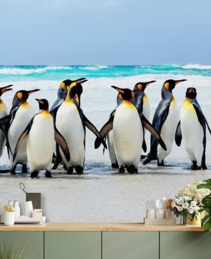 bright customizable penguin wallpaper called Kings of the Beach for children's bedrooms and offices