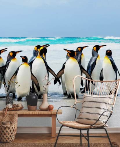 bright customizable penguin wallpaper called Kings of the Beach for children's bedrooms and offices