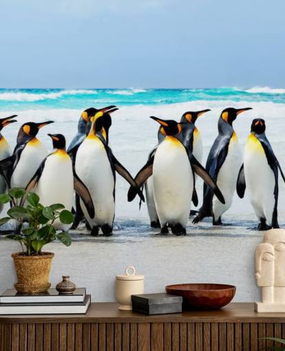 bright customizable penguin wallpaper called Kings of the Beach for children's bedrooms and offices