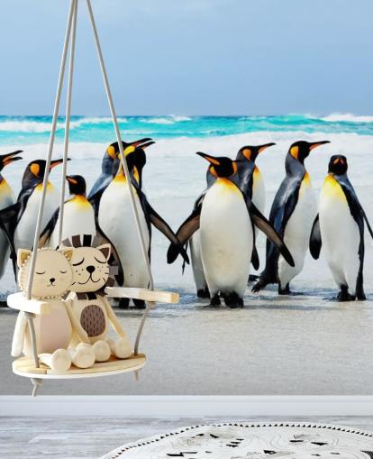 bright customisable penguin wallpaper called Kings of the Beach for children's bedrooms and offices