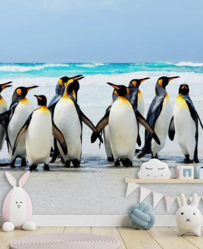 bright customisable penguin wallpaper called Kings of the Beach for children's bedrooms and offices