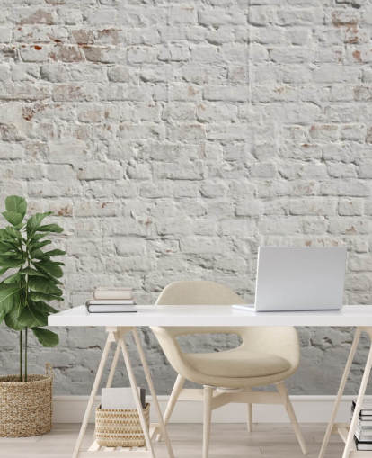witte bakstenen behangmuurschildering op maat genaamd White Washed Brick voor slaapkamers of keukens