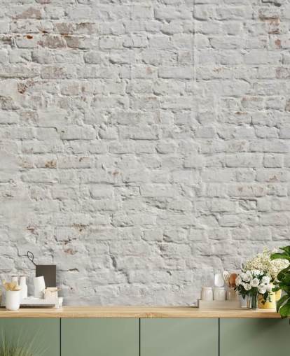 hvid brugerdefineret mursten tapet vægmaleri kaldet White Washed Brick til soveværelser eller køkkener