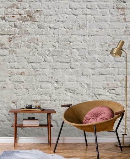 white custom brick wallpaper mural called White Washed Brick for bedrooms or kitchens