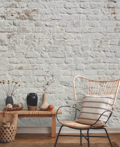 white custom brick wallpaper mural called White Washed Brick for bedrooms or kitchens