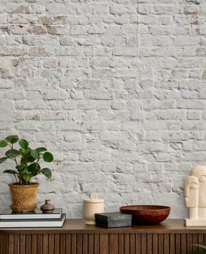 white custom brick wallpaper mural called White Washed Brick for bedrooms or kitchens