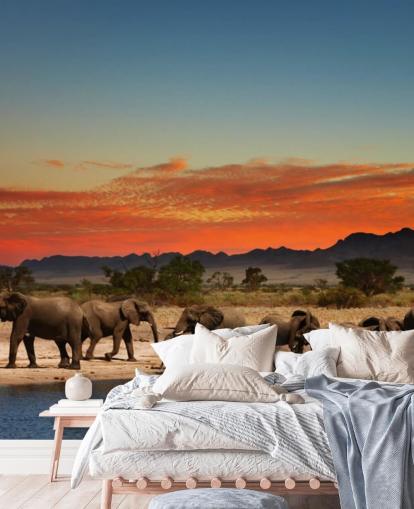 Sunset Landscape with Elephants Wallpaper