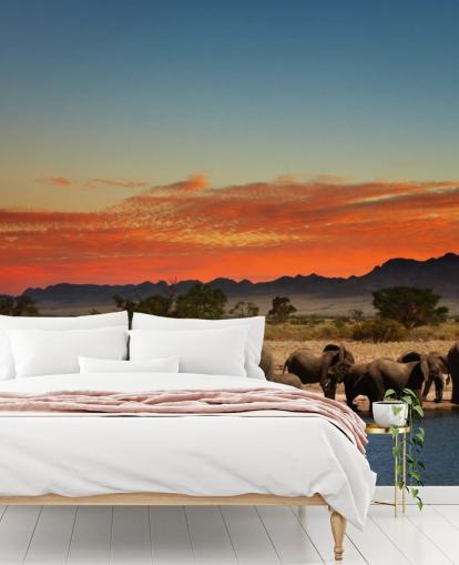 Fond d'écran paysage coucher de soleil avec éléphants Fond d'écran paysage coucher de soleil avec éléphants