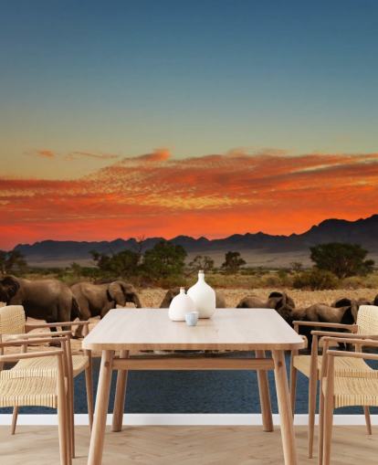 Fond d'écran paysage coucher de soleil avec éléphants Fond d'écran paysage coucher de soleil avec éléphants