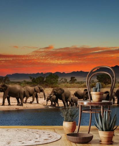 Sunset Landscape with Elephants Wallpaper Sunset Landscape with Elephants Wallpaper