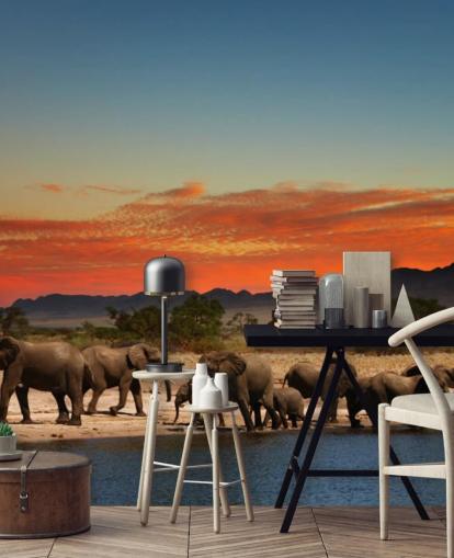 Sunset Landscape with Elephants Wallpaper