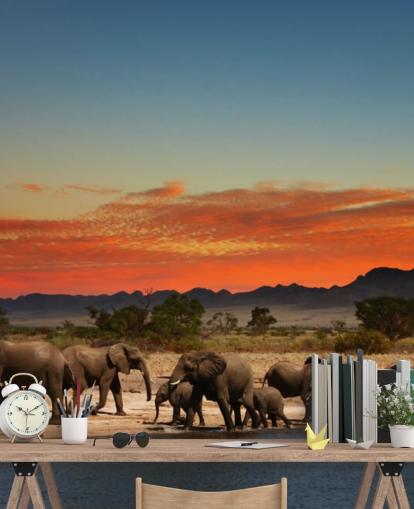 Sunset Landscape with Elephants Wallpaper