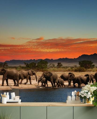 Sunset Landscape with Elephants Wallpaper