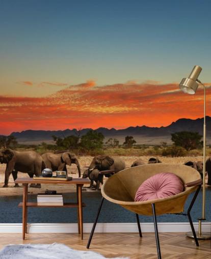 Sunset Landscape with Elephants Wallpaper