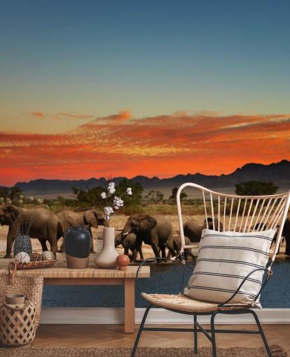 Sunset Landscape with Elephants Wallpaper