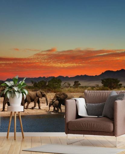 Sunset Landscape with Elephants Wallpaper