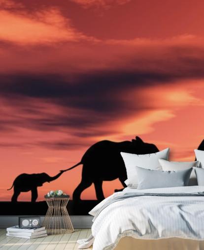 Peinture murale Famille d'éléphants au coucher